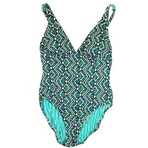 Vera Bradley One Piece Swimsuit Women's Size 14 Geometric Print Green Blue Beach
